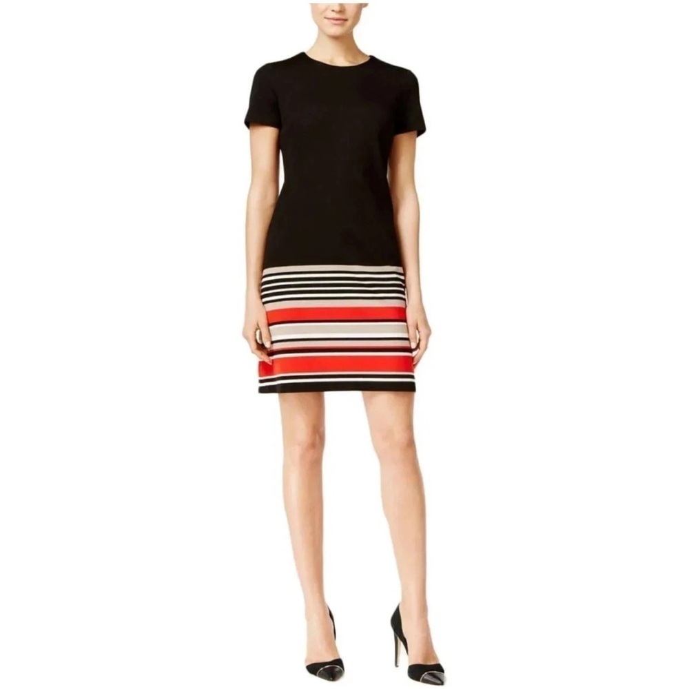 Calvin Klein Striped Short Sleeve Sheath Dress Sz 12 Black Career Classic Knee